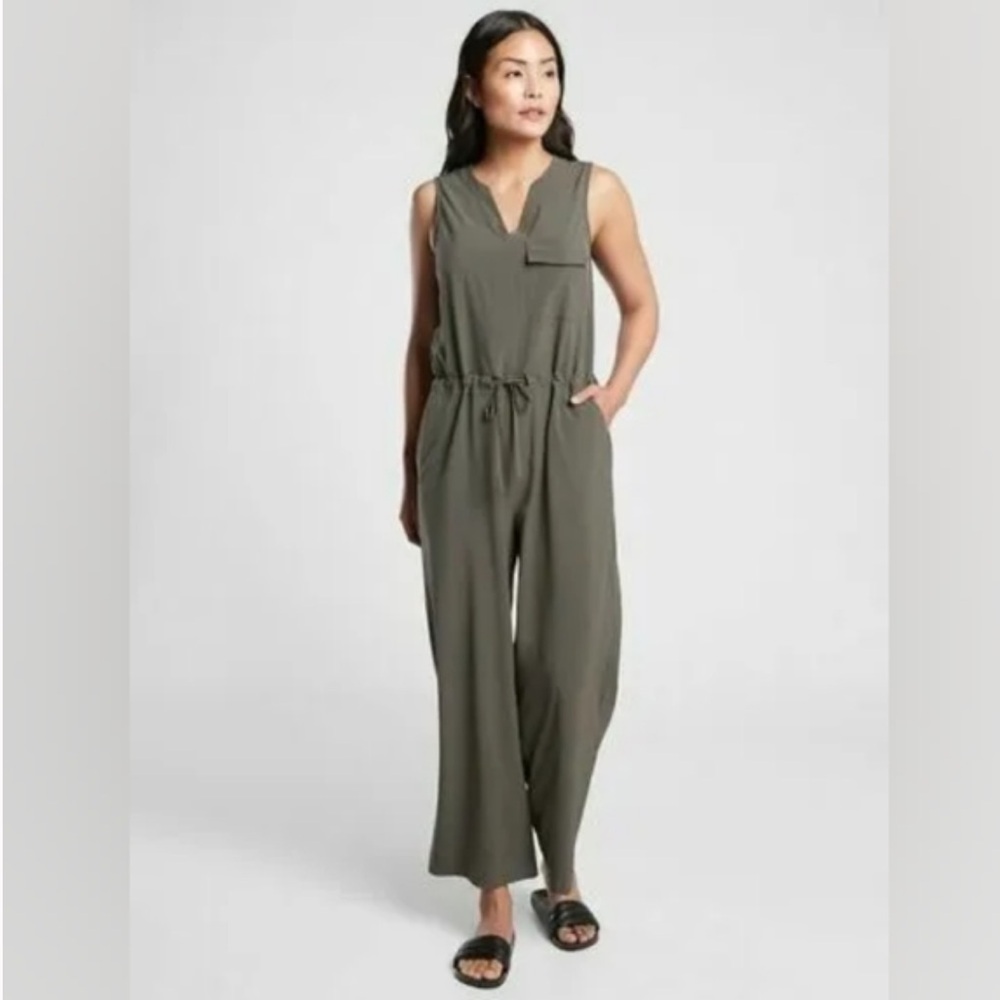 Athleta Topanga wide leg jumpsuit olive green size L Y neck - Picture 5 of 14